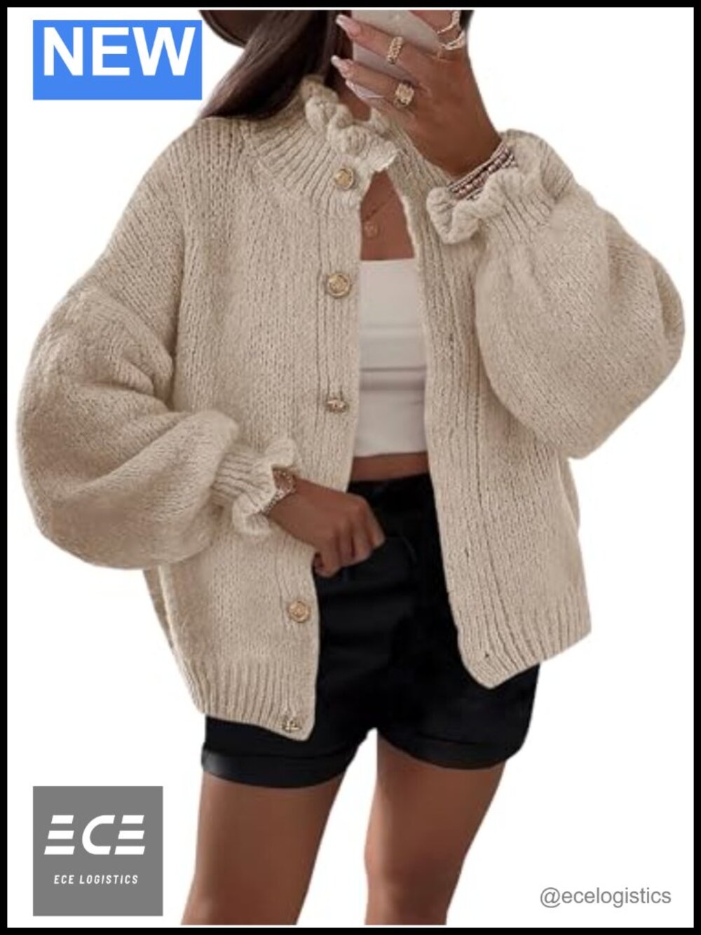 Ruffle Cardigan Oversized Button Up Ribbed Knit Long Sleeve Sweater